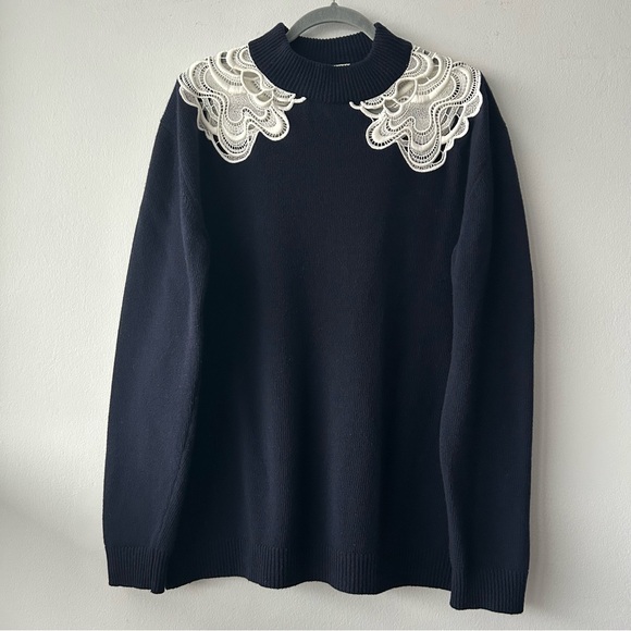 Chloe Sweaters - Chloe LACE-TRIMMED Wool Cashmere SWEATER $1055 Made in Italy in Navy Blue